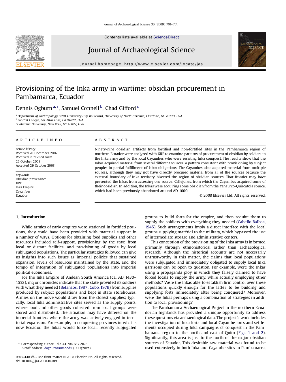 Provisioning of the Inka army in wartime: obsidian procurement in Pambamarca, Ecuador