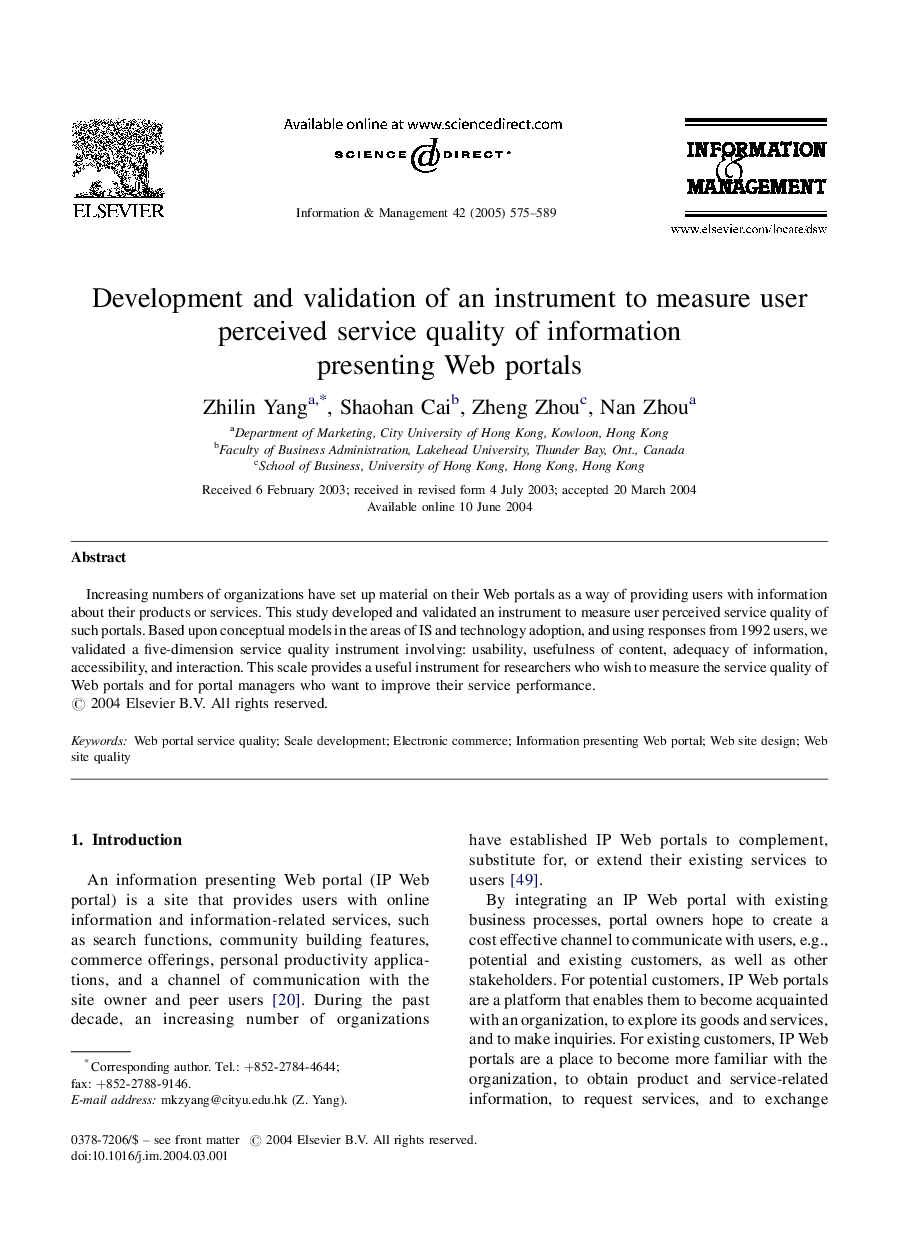 Development and validation of an instrument to measure user perceived service quality of information presenting Web portals