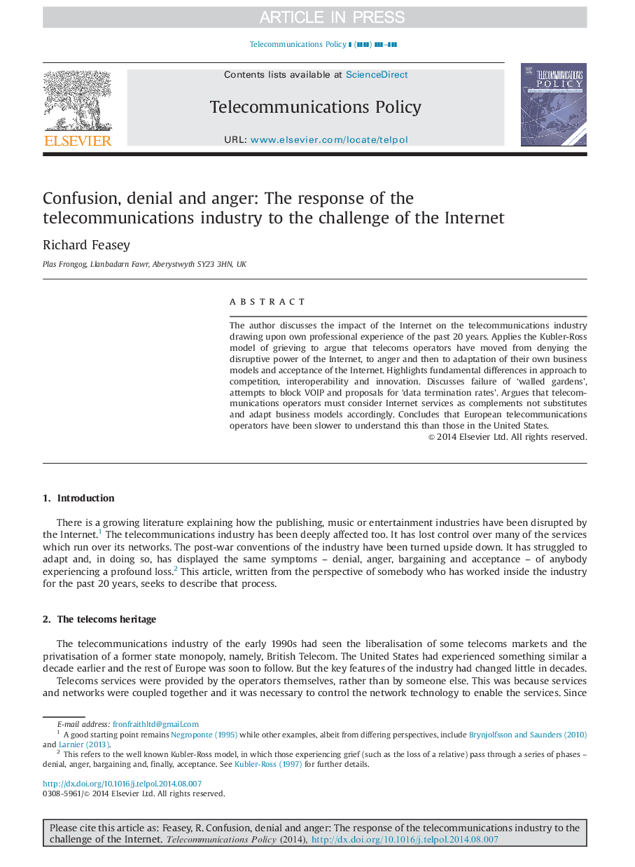 Confusion, denial and anger: The response of the telecommunications industry to the challenge of the Internet