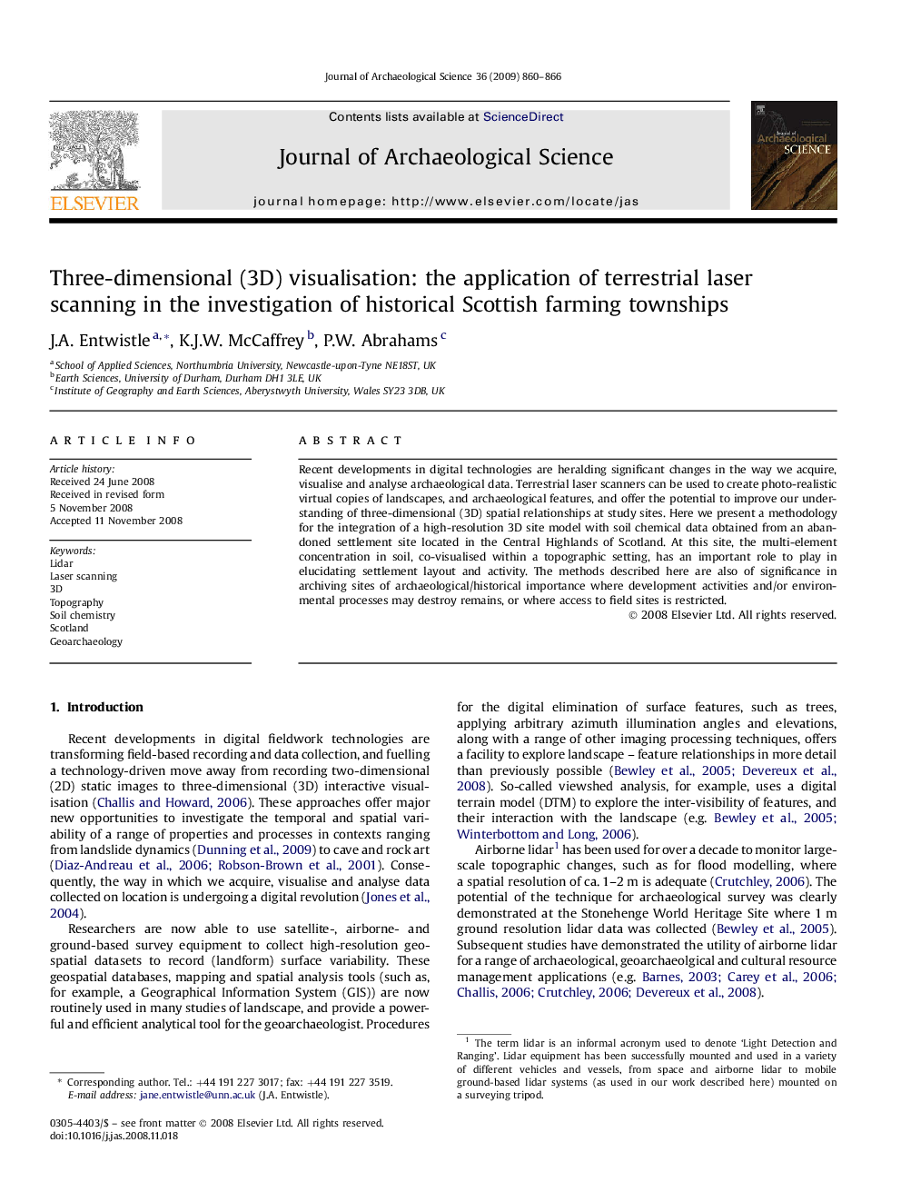 Three-dimensional (3D) visualisation: the application of terrestrial laser scanning in the investigation of historical Scottish farming townships