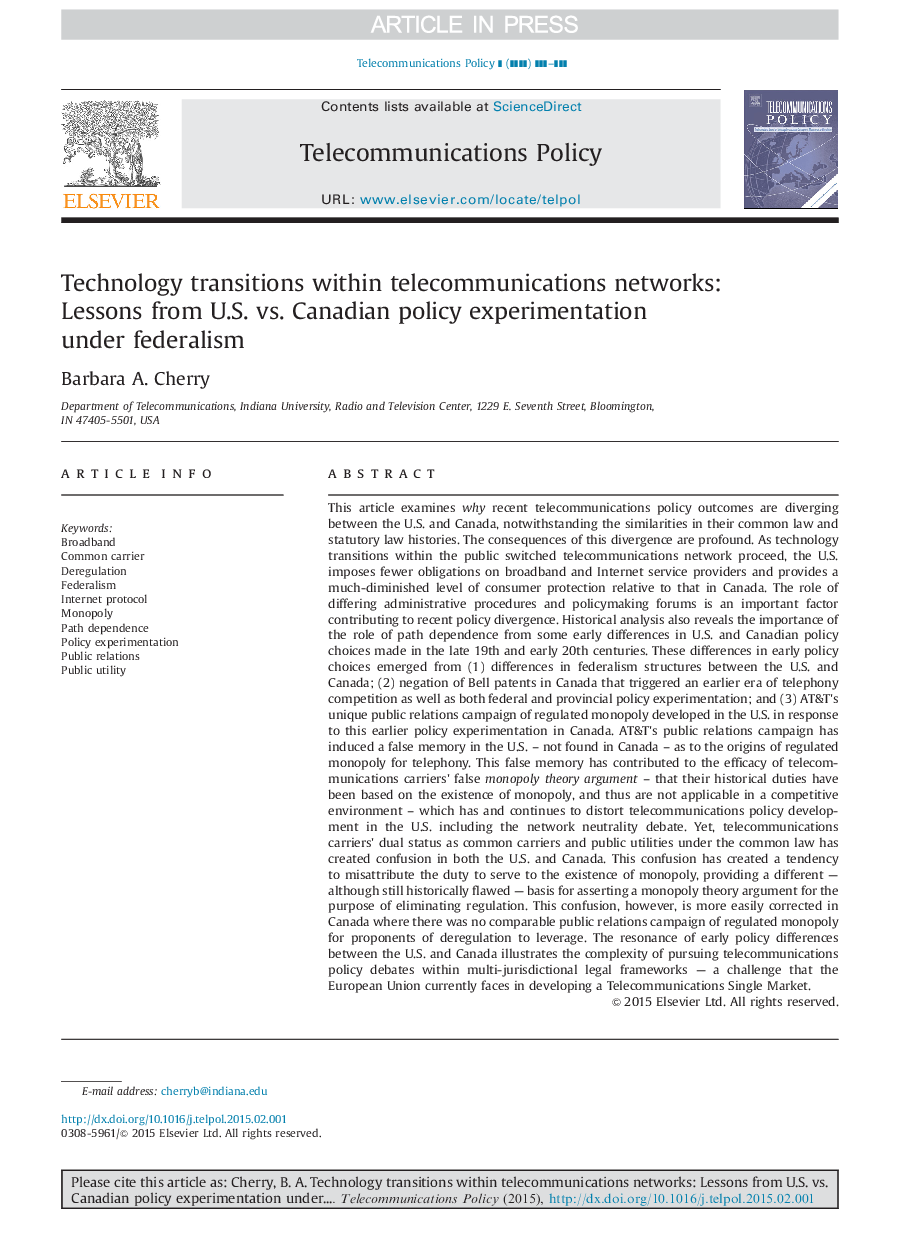 انتقال تکنولوژی در شبکه های مخابراتی: درس های آزمایشات سیاست ایالات متحده در مقابل کانادا تحت فدرالیست 
