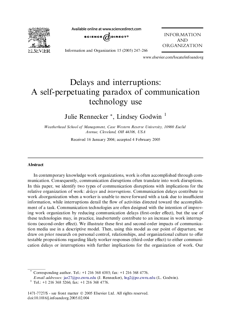 Delays and interruptions: A self-perpetuating paradox of communication technology use