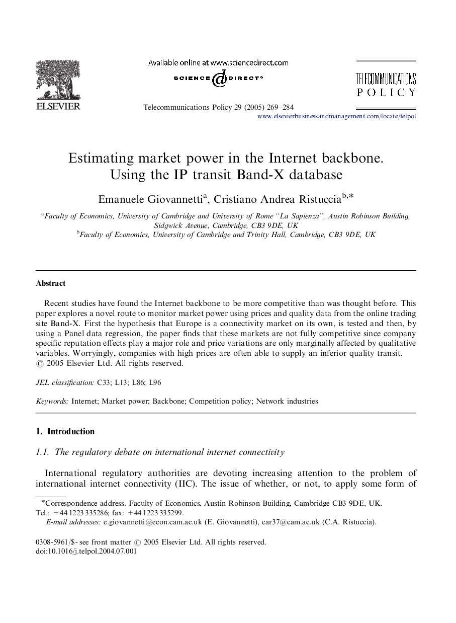 Estimating market power in the Internet backbone. Using the IP transit Band-X database