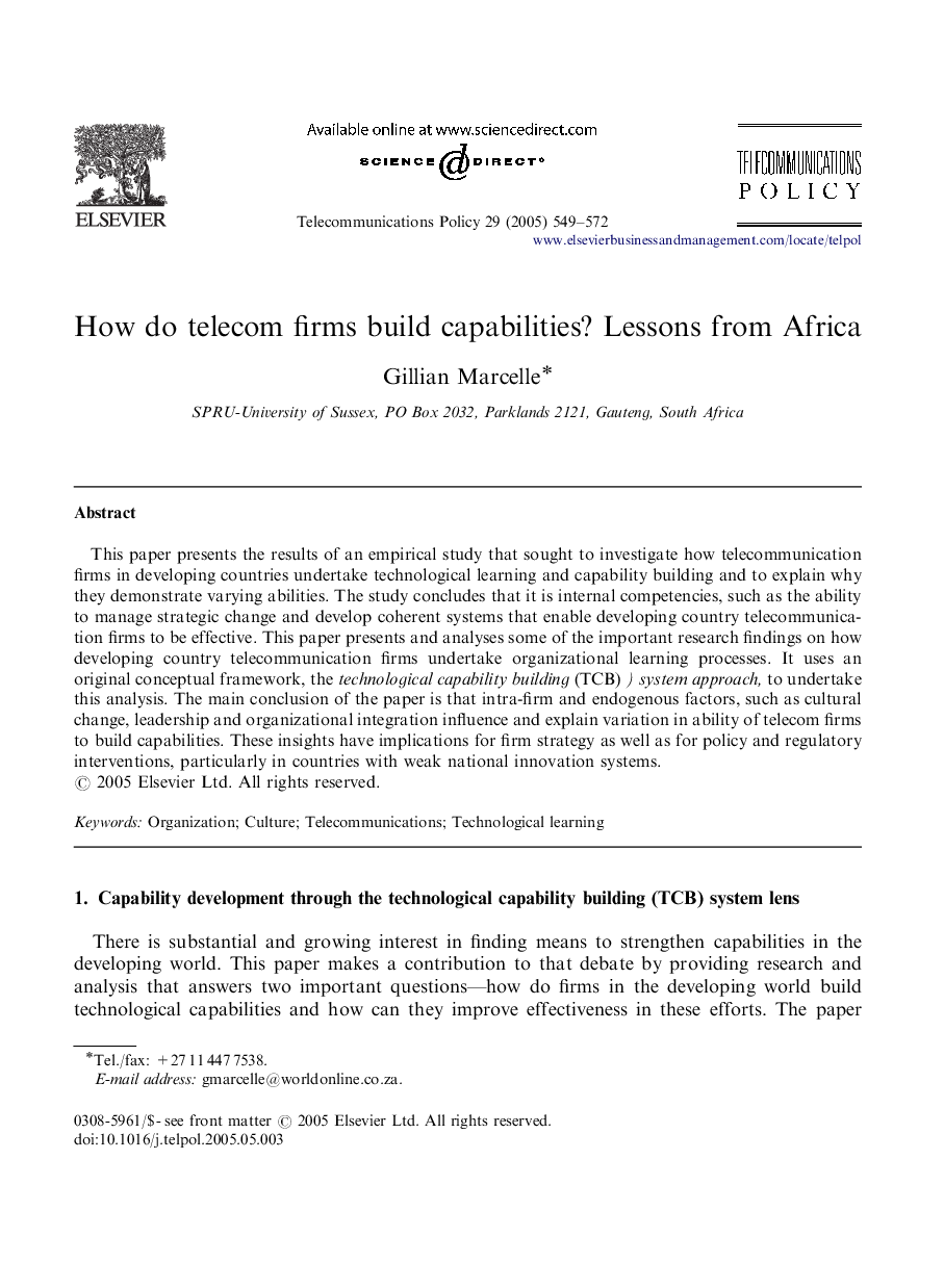 عکس صفحه اول مقاله: How do telecom firms build capabilities? Lessons from Africa How do telecom firms build capabilities? Lessons from Africa