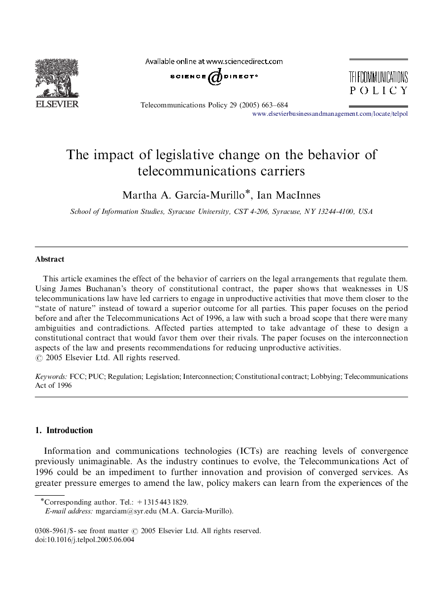 The impact of legislative change on the behavior of telecommunications carriers