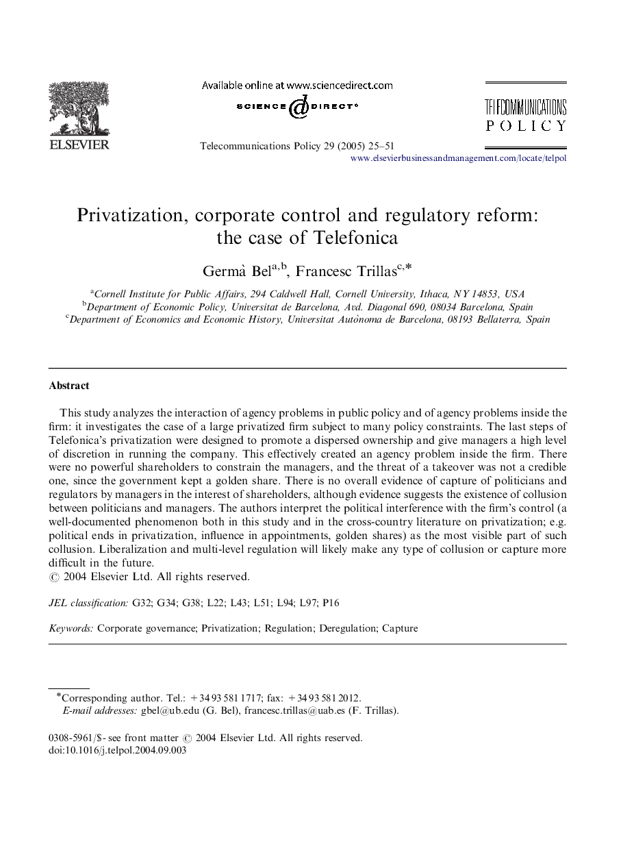 Privatization, corporate control and regulatory reform: the case of Telefonica