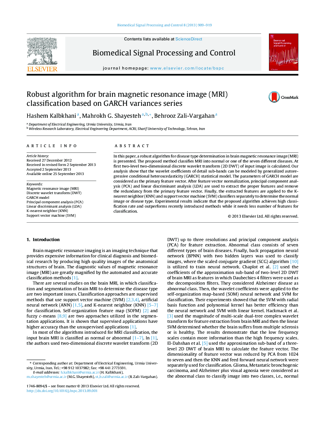 Robust algorithm for brain magnetic resonance image (MRI) classification based on GARCH variances series