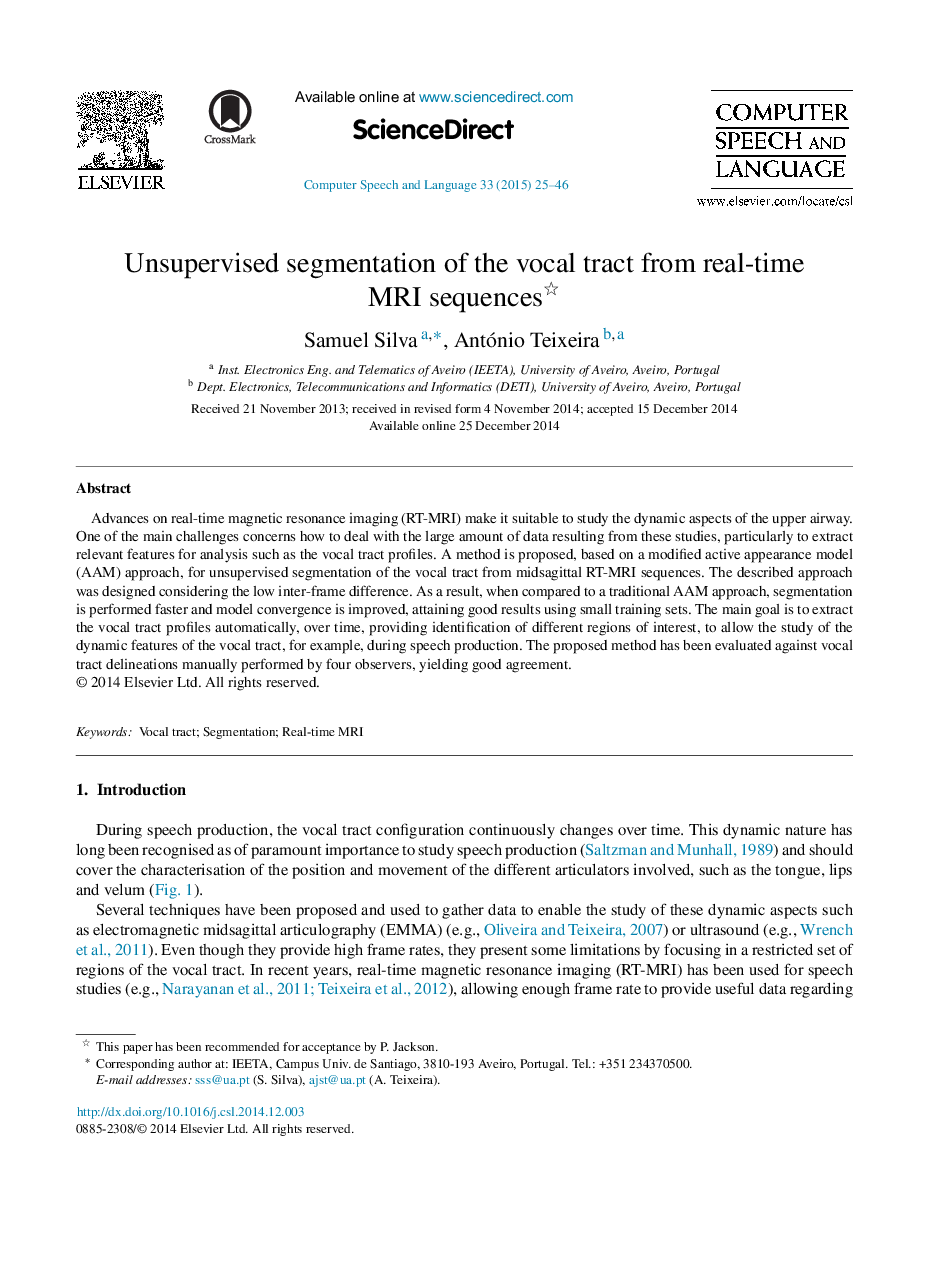 Unsupervised segmentation of the vocal tract from real-time MRI sequences