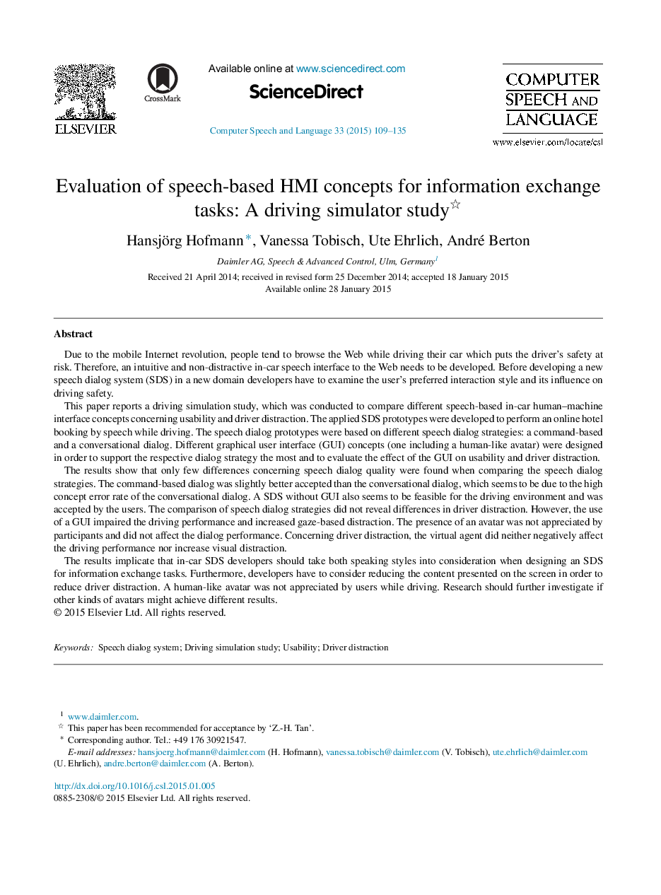 Evaluation of speech-based HMI concepts for information exchange tasks: A driving simulator study