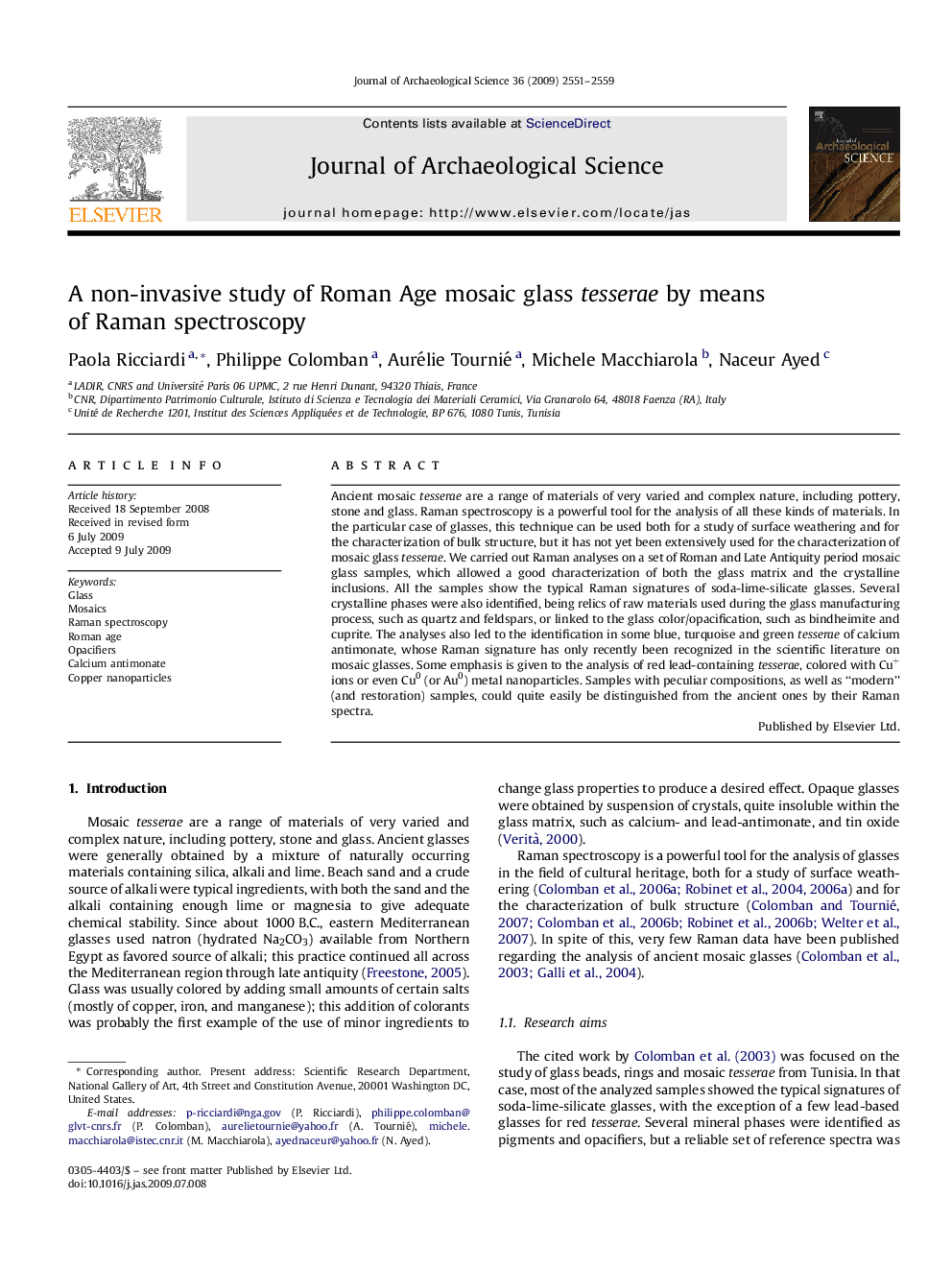 A non-invasive study of Roman Age mosaic glass tesserae by means of Raman spectroscopy