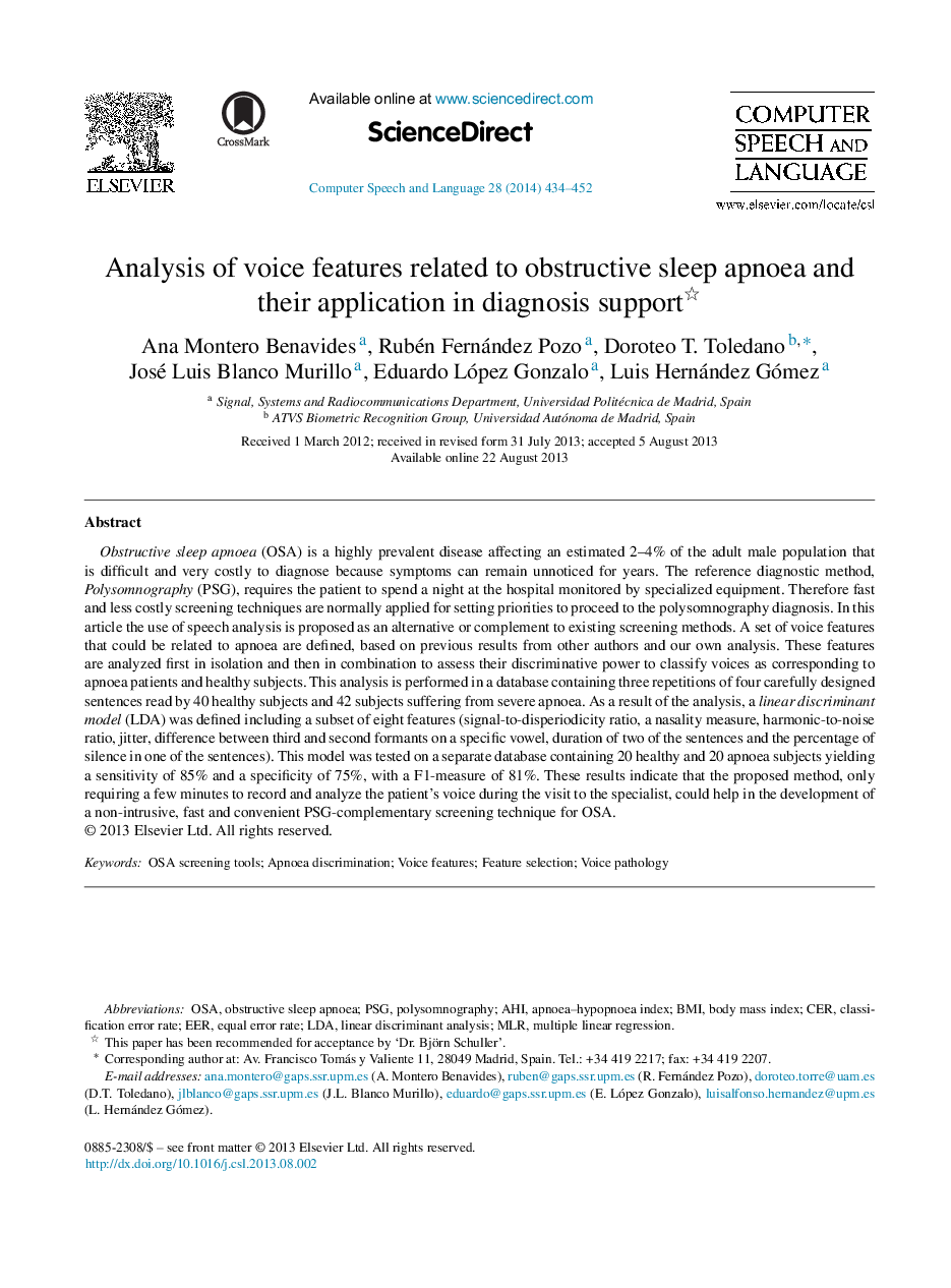 Analysis of voice features related to obstructive sleep apnoea and their application in diagnosis support