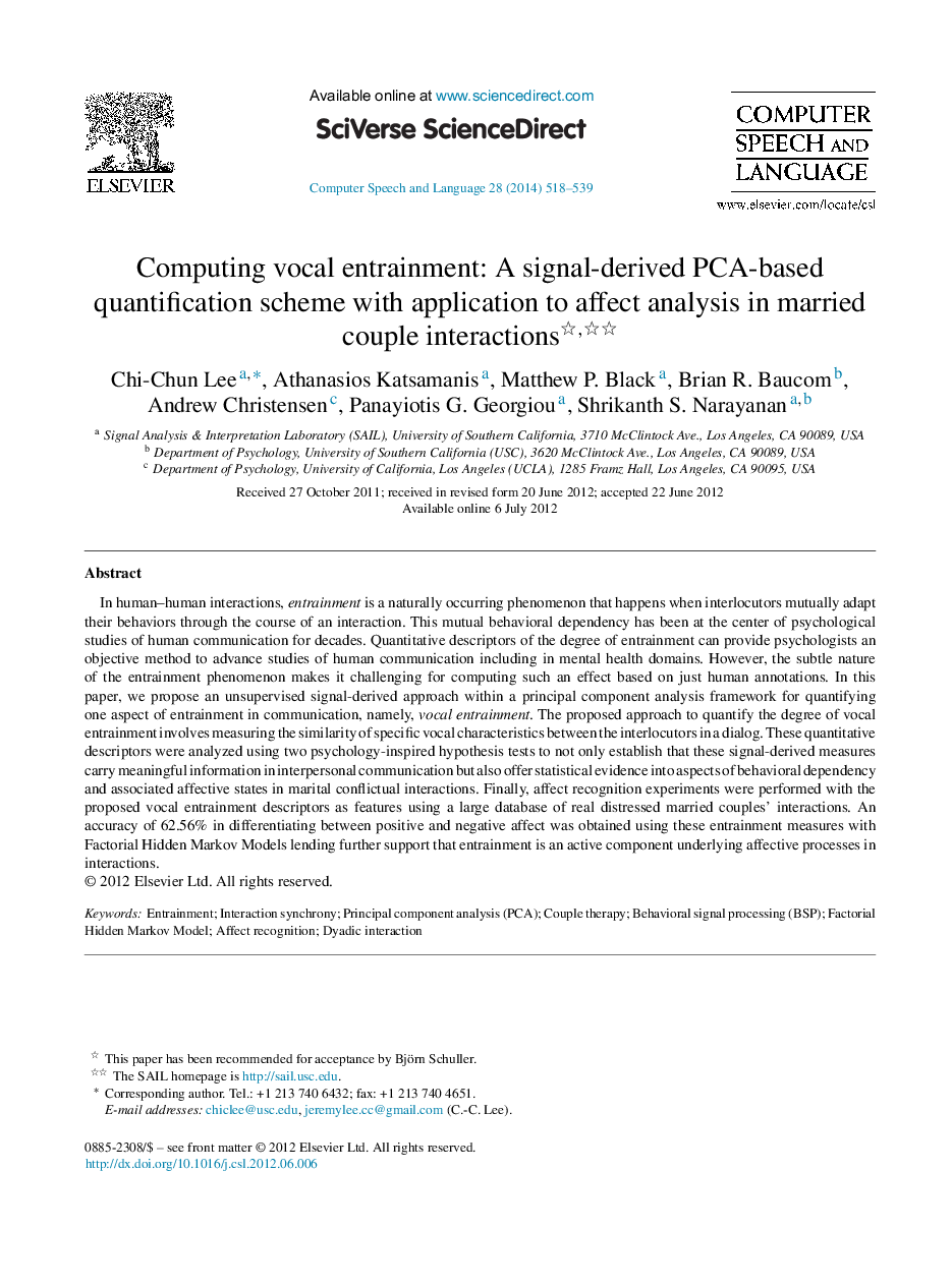 Computing vocal entrainment: A signal-derived PCA-based quantification scheme with application to affect analysis in married couple interactions