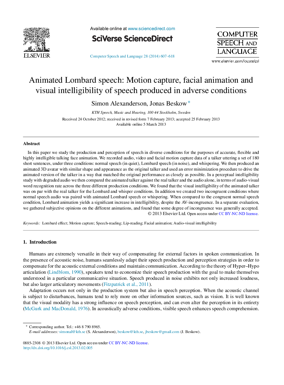 Animated Lombard speech: Motion capture, facial animation and visual intelligibility of speech produced in adverse conditions