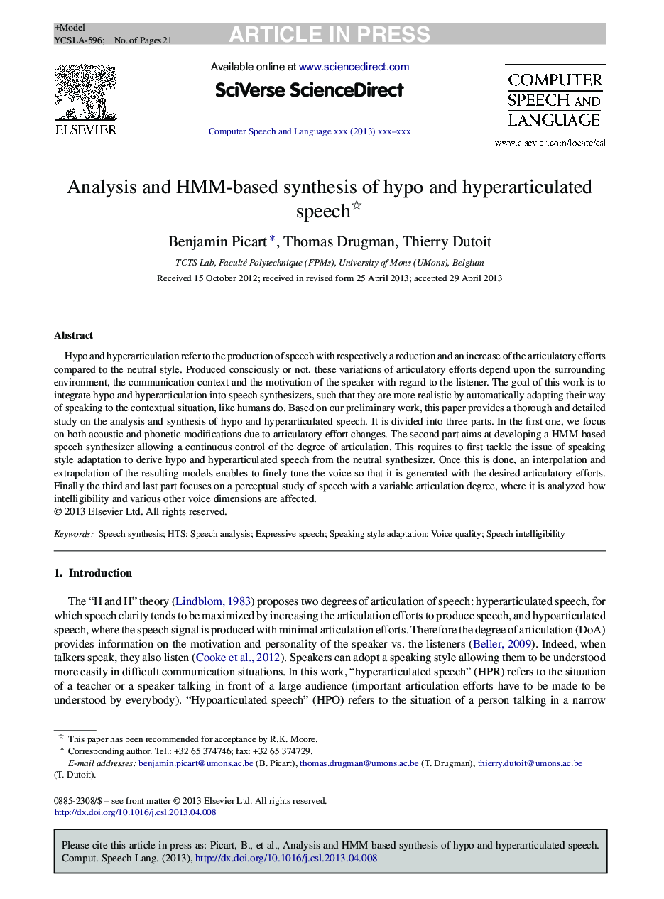 Analysis and HMM-based synthesis of hypo and hyperarticulated speech