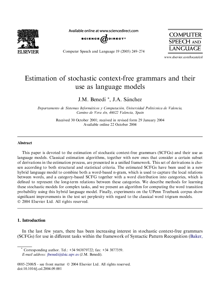 Estimation of stochastic context-free grammars and their use as language models