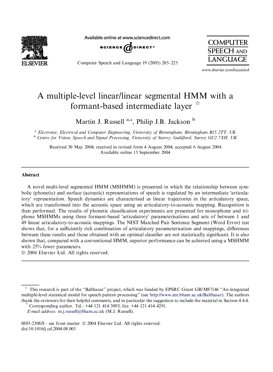 A multiple-level linear/linear segmental HMM with a formant-based intermediate layer