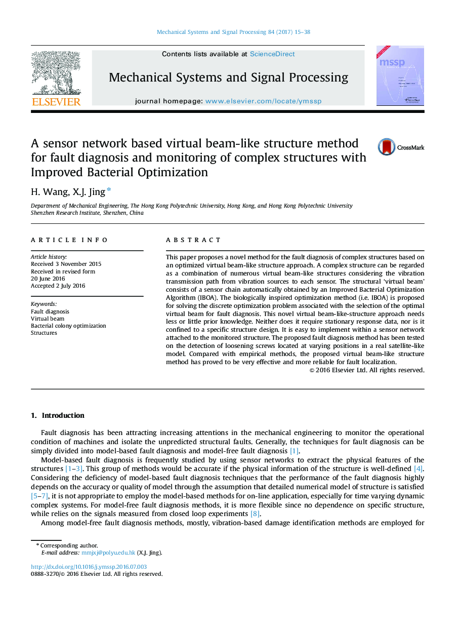 A sensor network based virtual beam-like structure method for fault diagnosis and monitoring of complex structures with Improved Bacterial Optimization