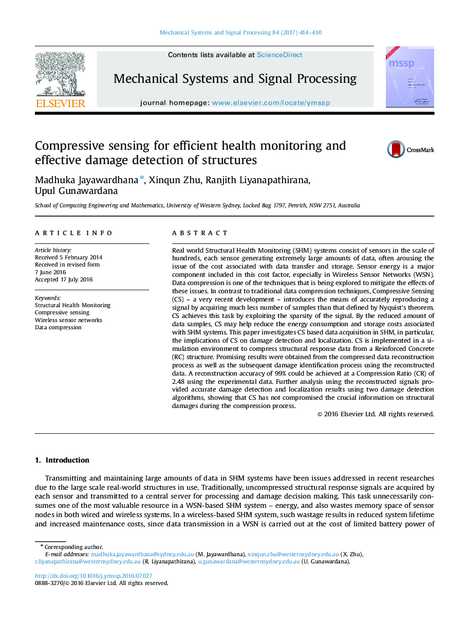 Compressive sensing for efficient health monitoring and effective damage detection of structures