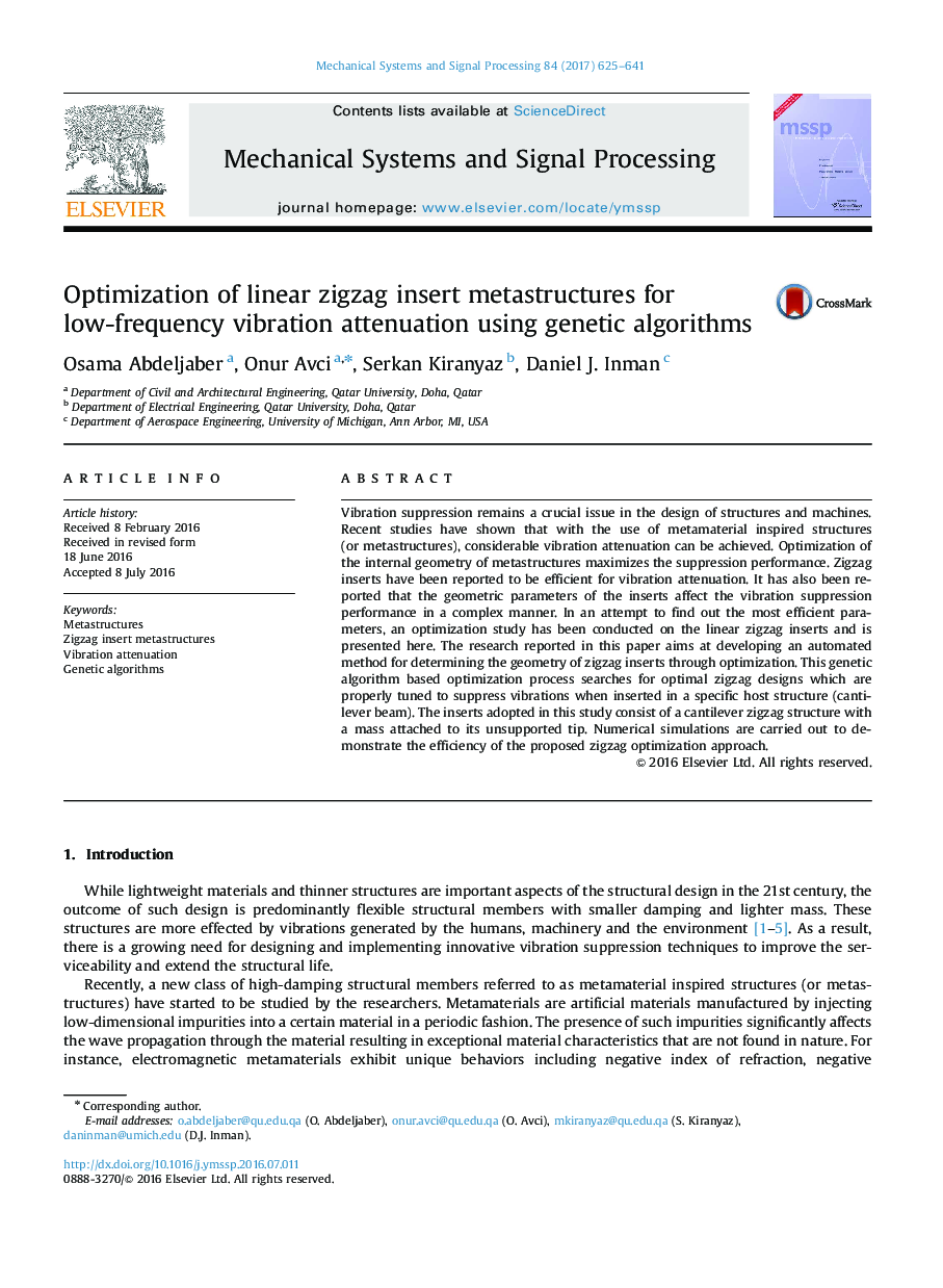 Optimization of linear zigzag insert metastructures for low-frequency vibration attenuation using genetic algorithms