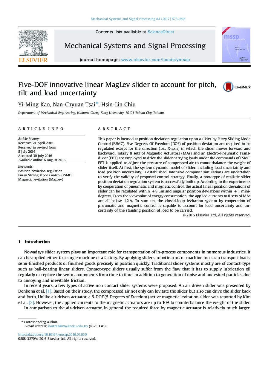 Five-DOF innovative linear MagLev slider to account for pitch, tilt and load uncertainty