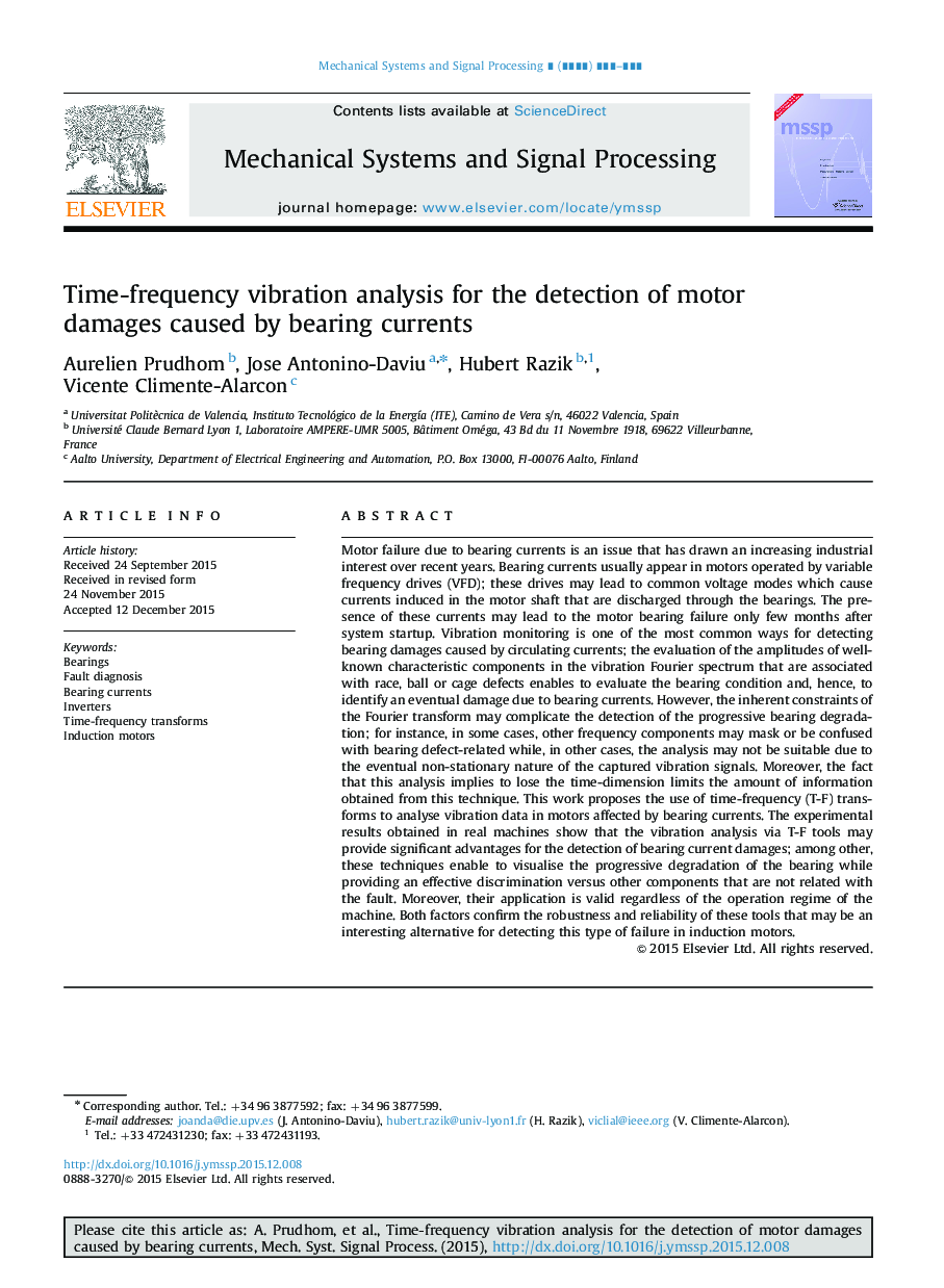 Time-frequency vibration analysis for the detection of motor damages caused by bearing currents