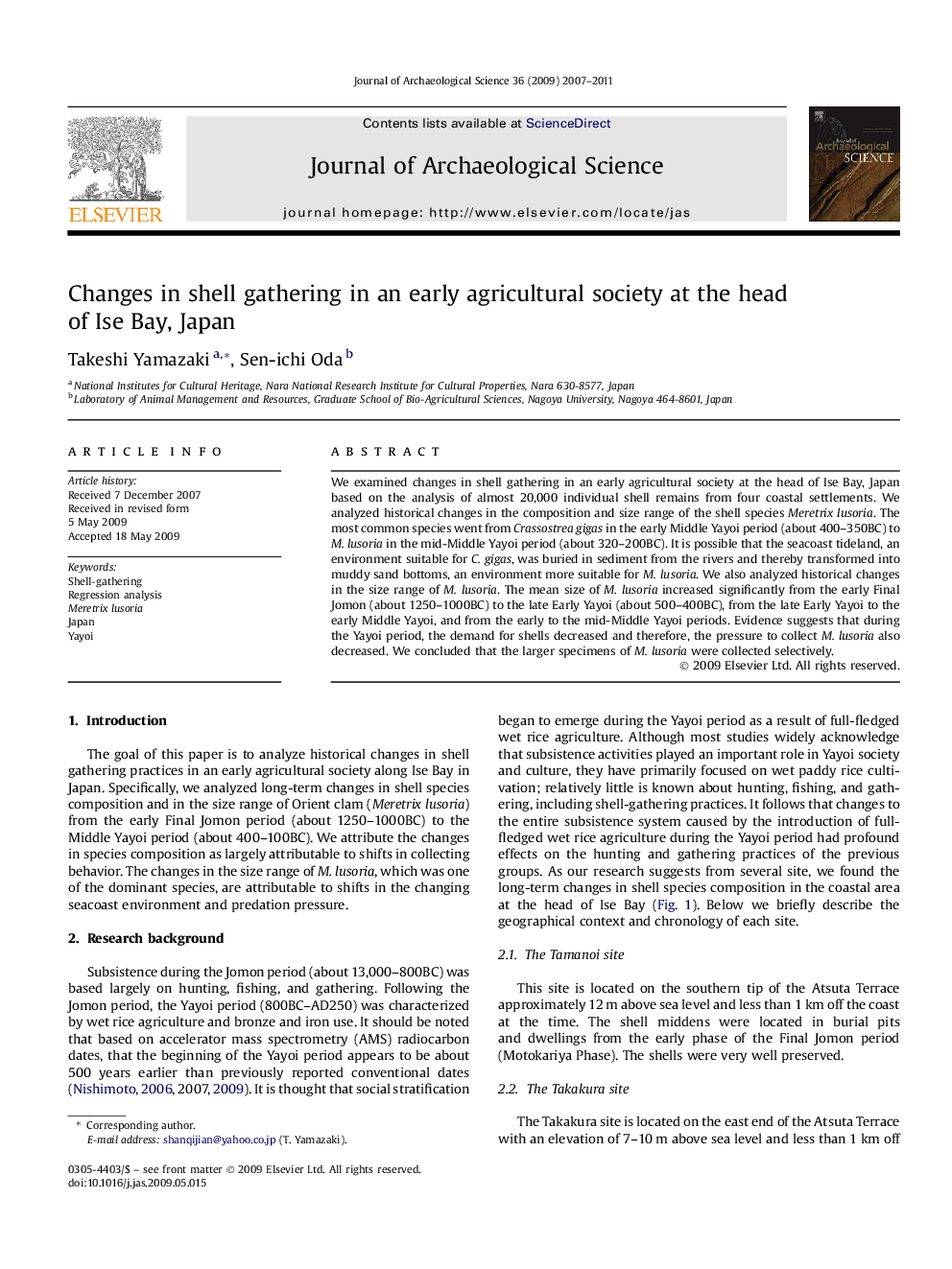 Changes in shell gathering in an early agricultural society at the head of Ise Bay, Japan