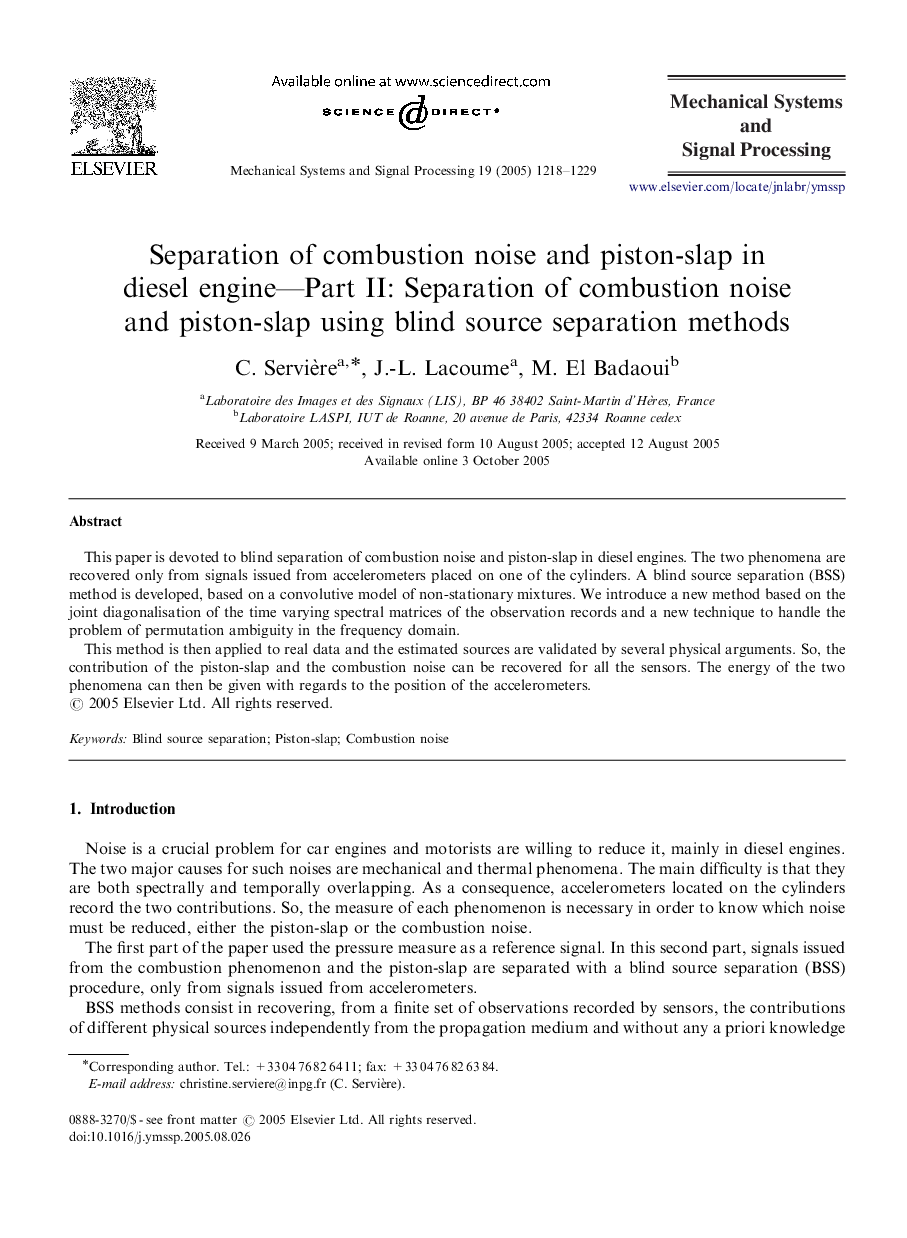 Separation of combustion noise and piston-slap in diesel engine-Part II: Separation of combustion noise and piston-slap using blind source separation methods