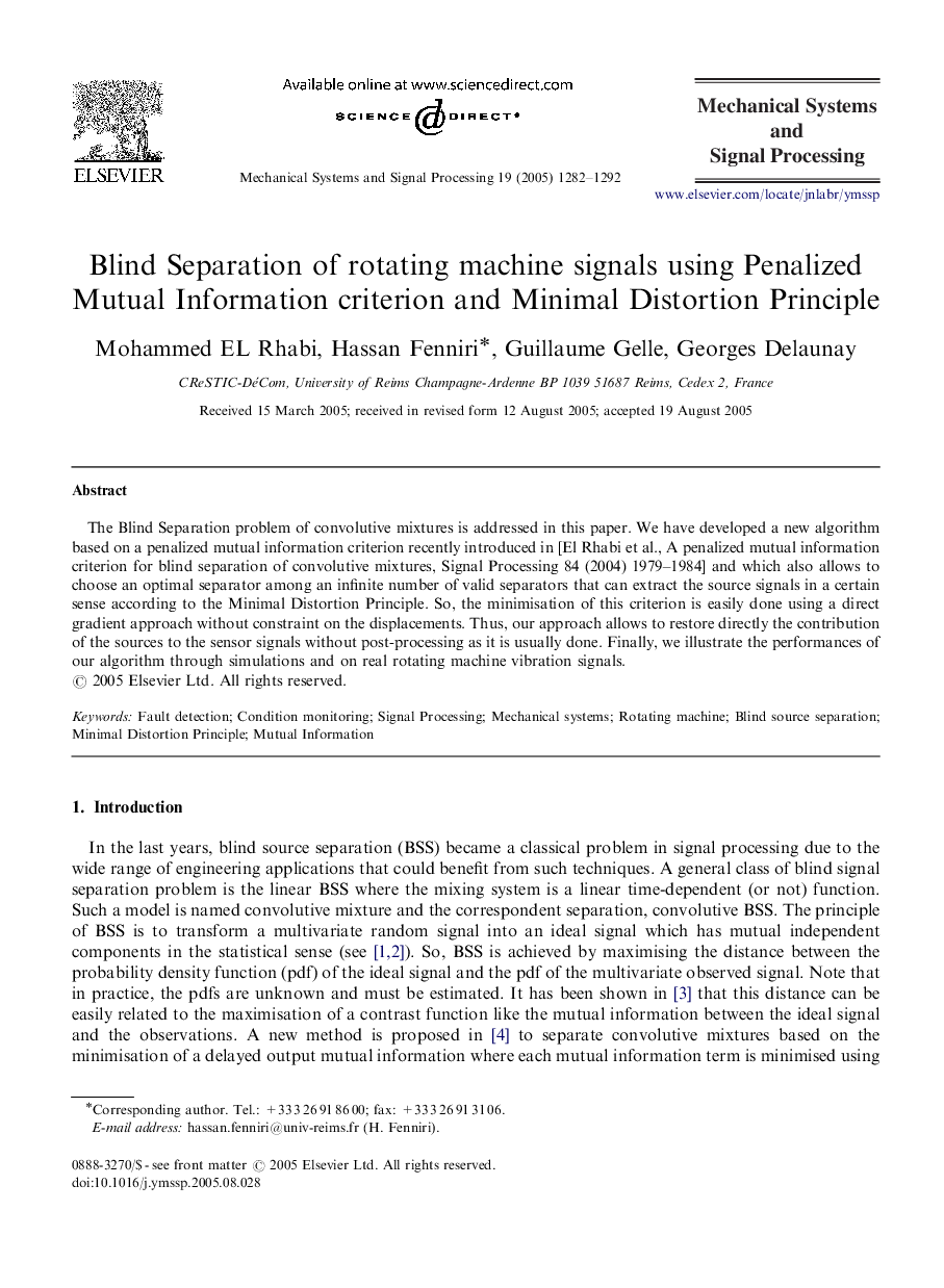 Blind Separation of rotating machine signals using Penalized Mutual Information criterion and Minimal Distortion Principle