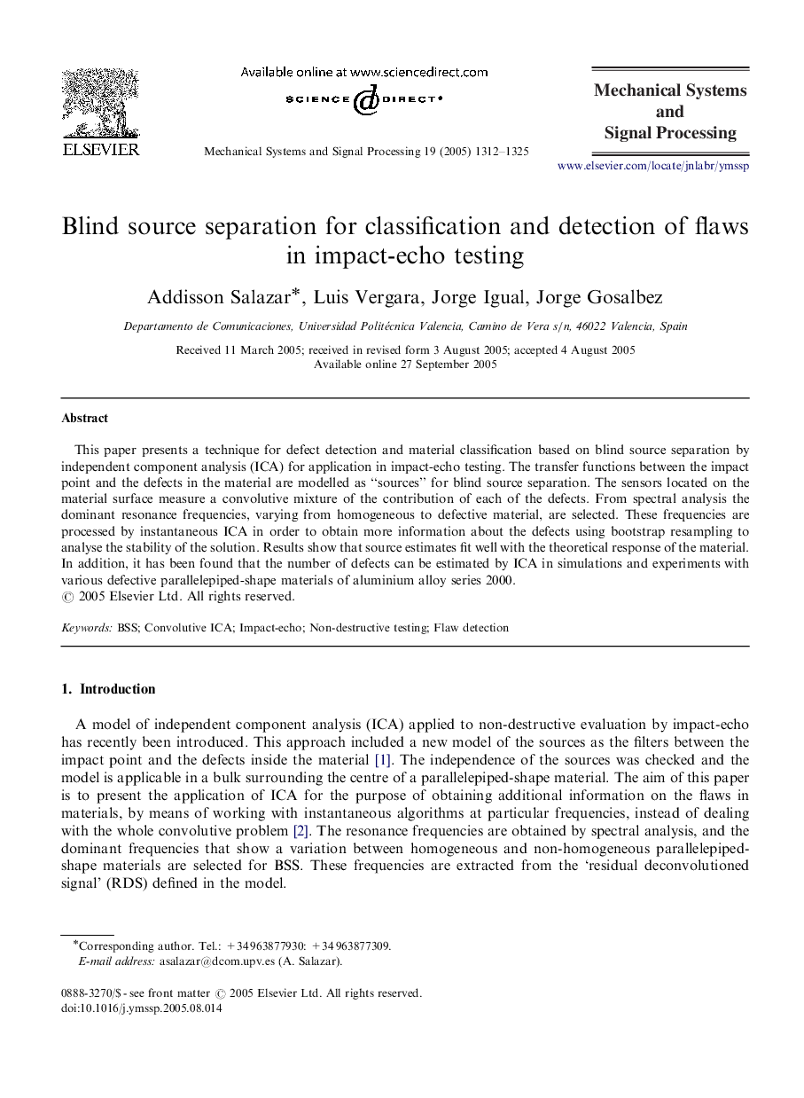 Blind source separation for classification and detection of flaws in impact-echo testing