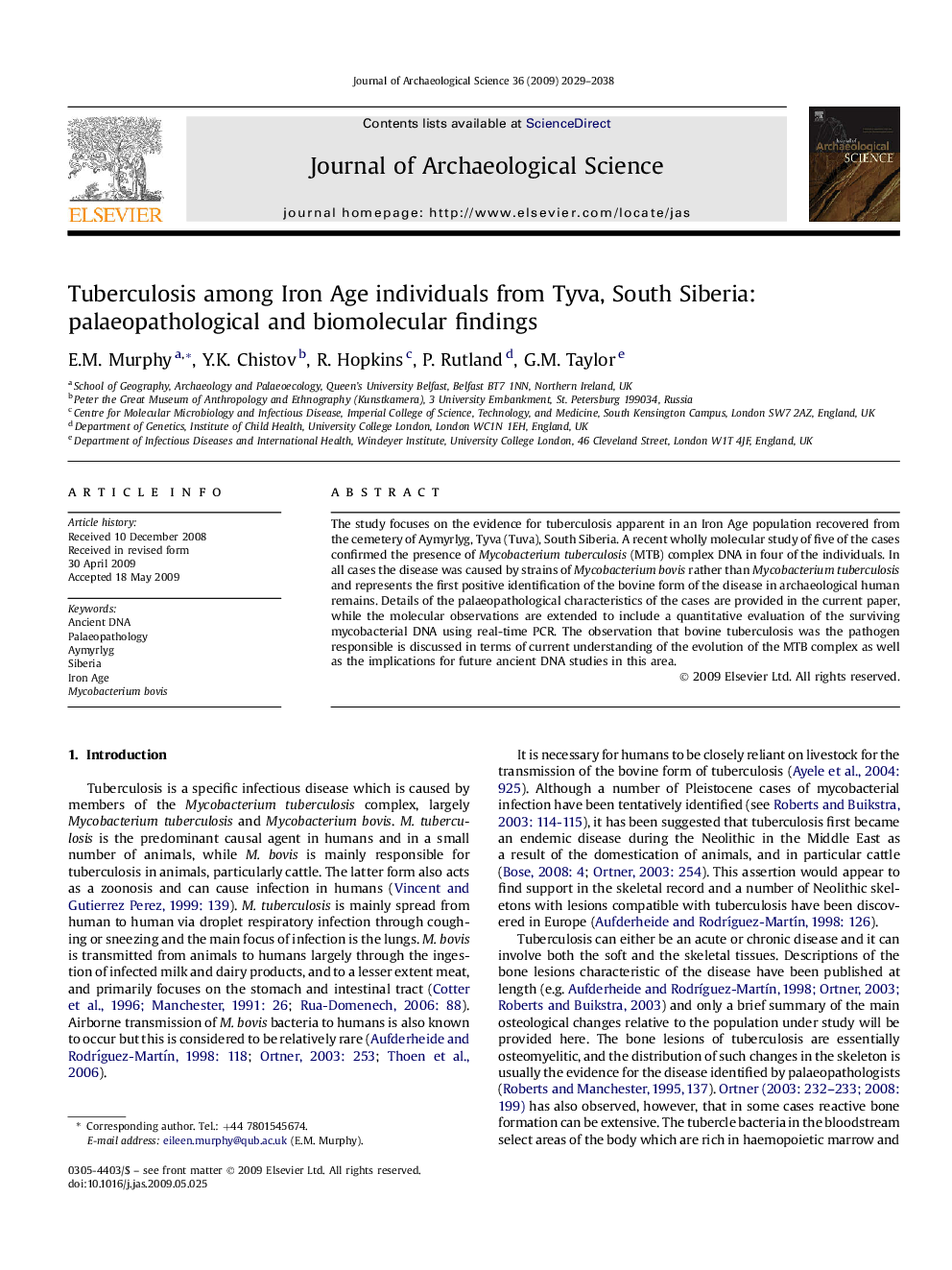 Tuberculosis among Iron Age individuals from Tyva, South Siberia: palaeopathological and biomolecular findings