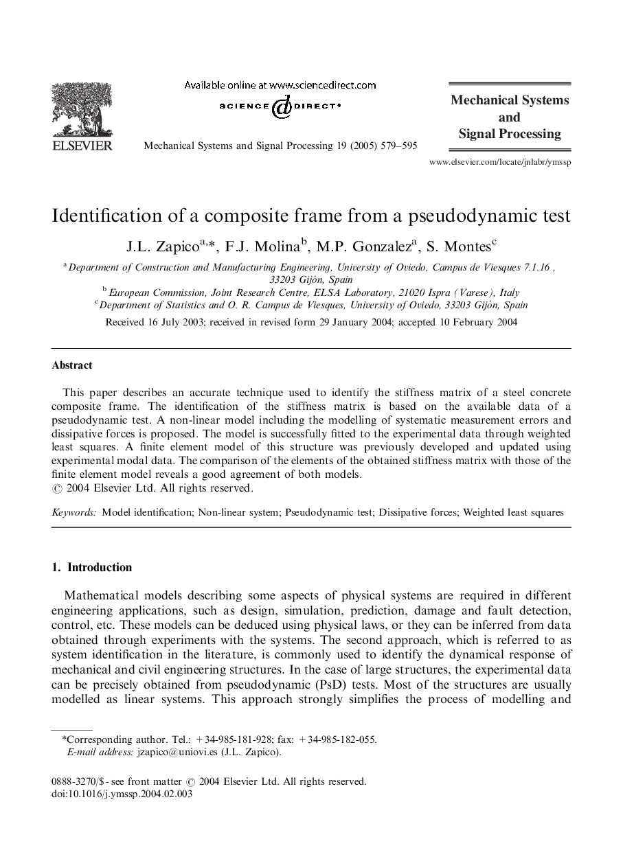 Identification of a composite frame from a pseudodynamic test