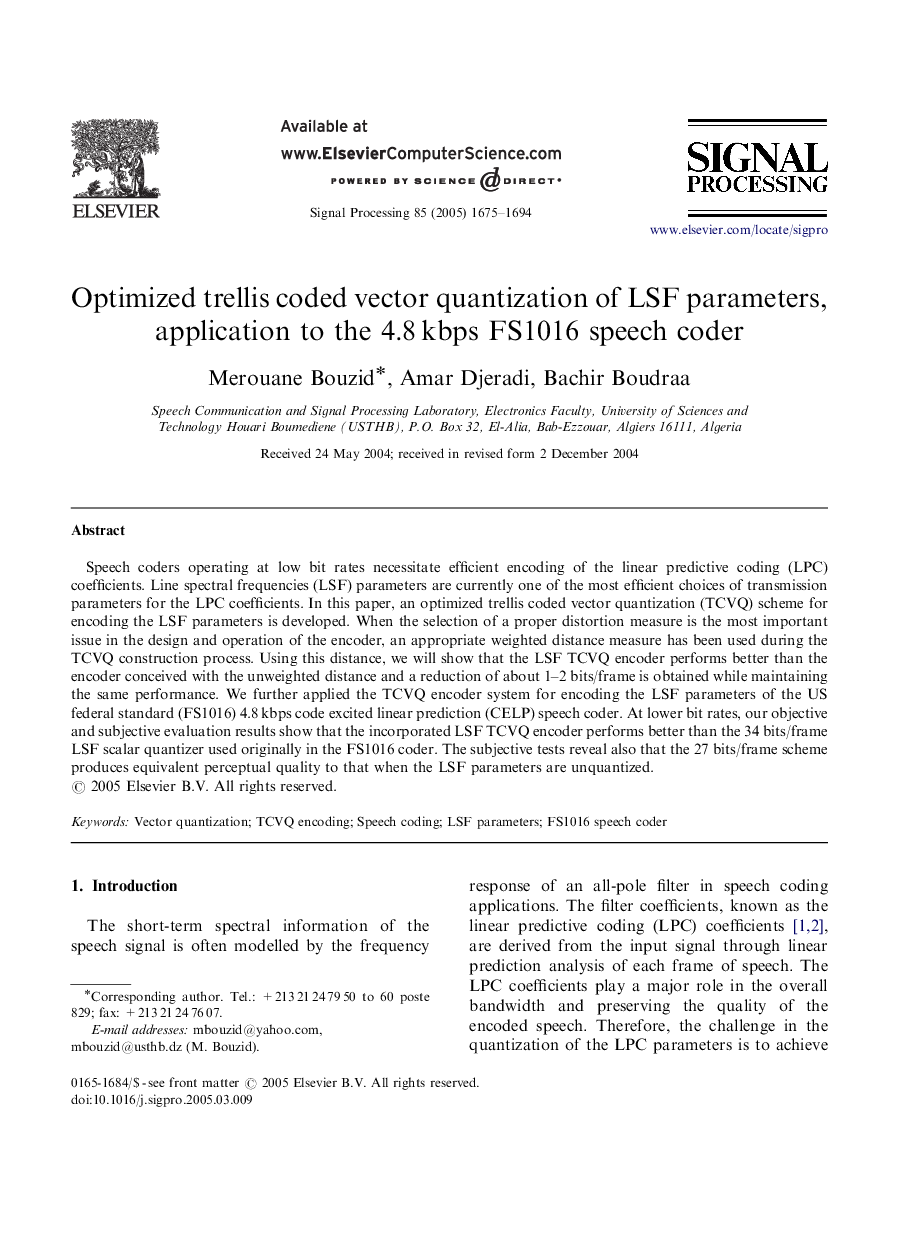 Optimized trellis coded vector quantization of LSF parameters, application to the 4.8Â kbps FS1016 speech coder