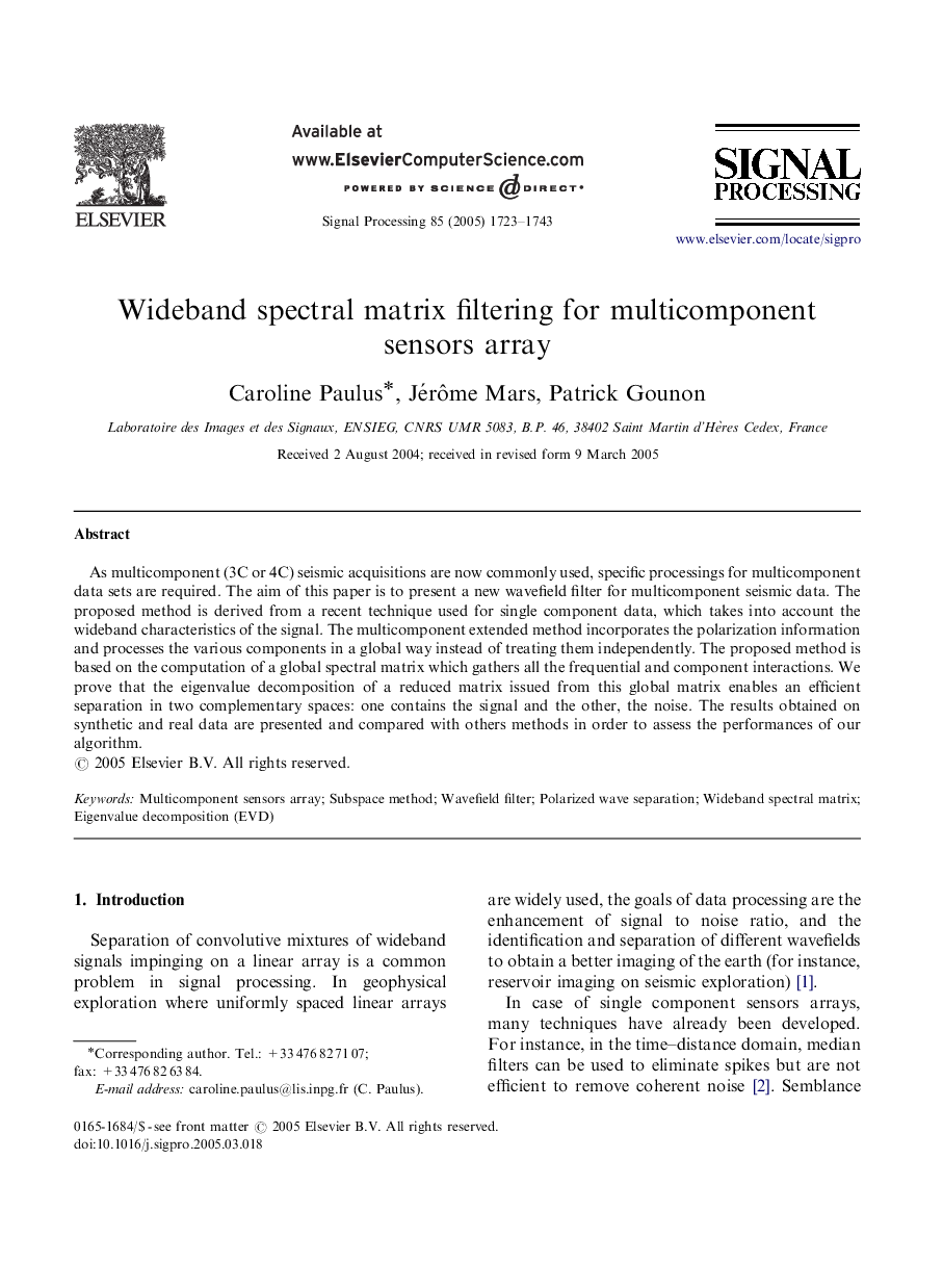 Wideband spectral matrix filtering for multicomponent sensors array