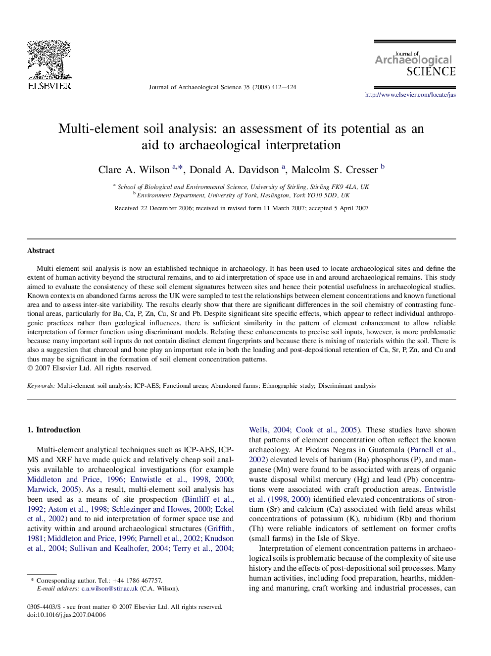 Multi-element soil analysis: an assessment of its potential as an aid to archaeological interpretation