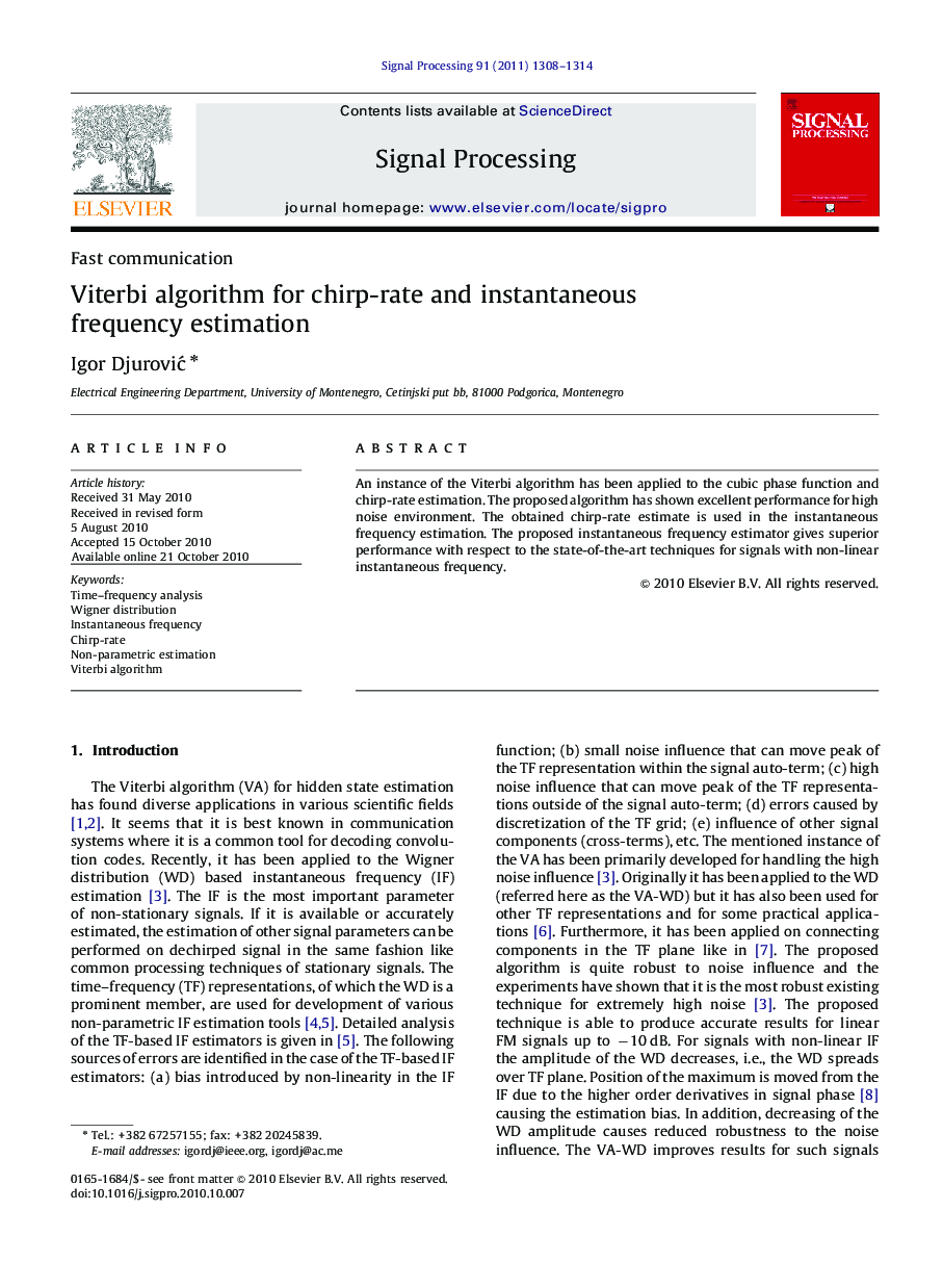 Viterbi algorithm for chirp-rate and instantaneous frequency estimation