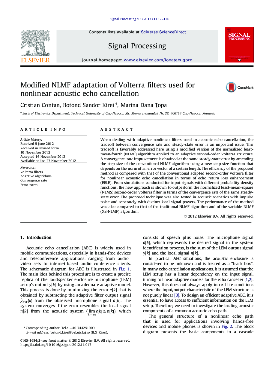 Modified NLMF adaptation of Volterra filters used for nonlinear acoustic echo cancellation