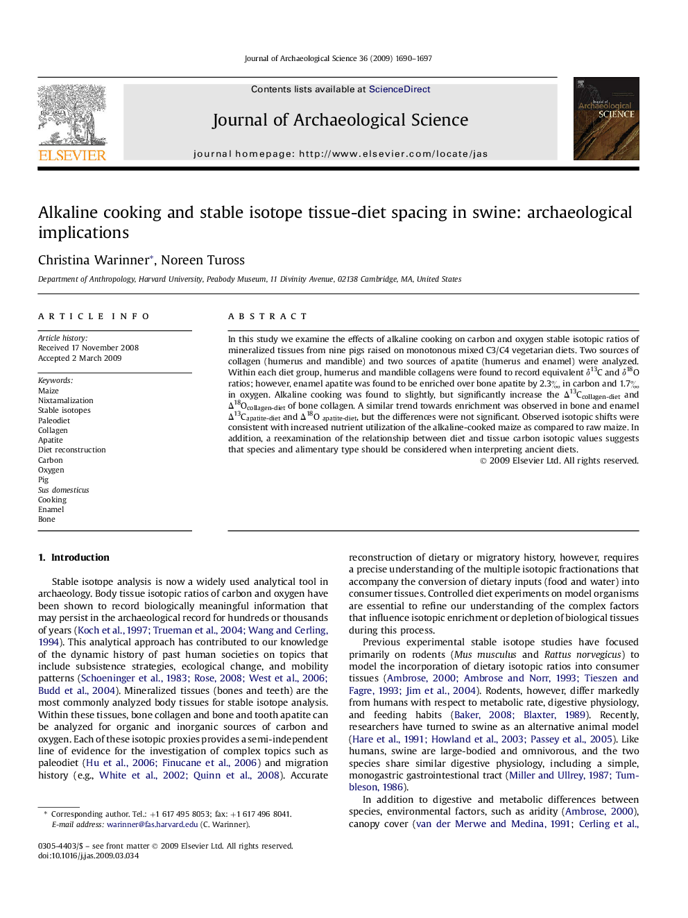 Alkaline cooking and stable isotope tissue-diet spacing in swine: archaeological implications