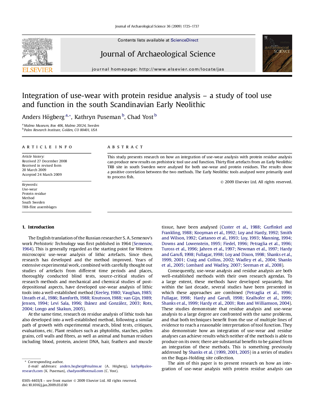 Integration of use-wear with protein residue analysis – a study of tool use and function in the south Scandinavian Early Neolithic