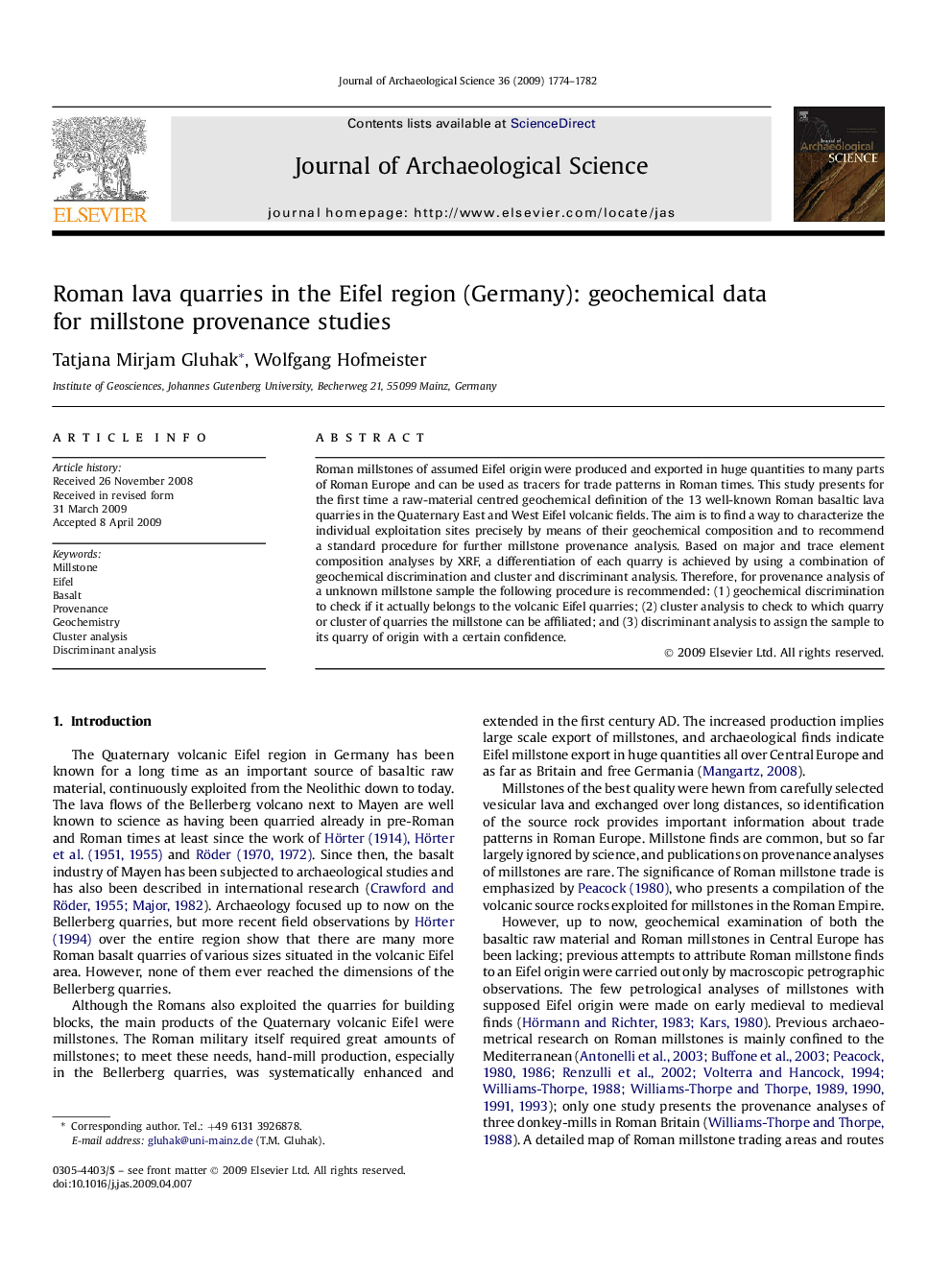 Roman lava quarries in the Eifel region (Germany): geochemical data for millstone provenance studies