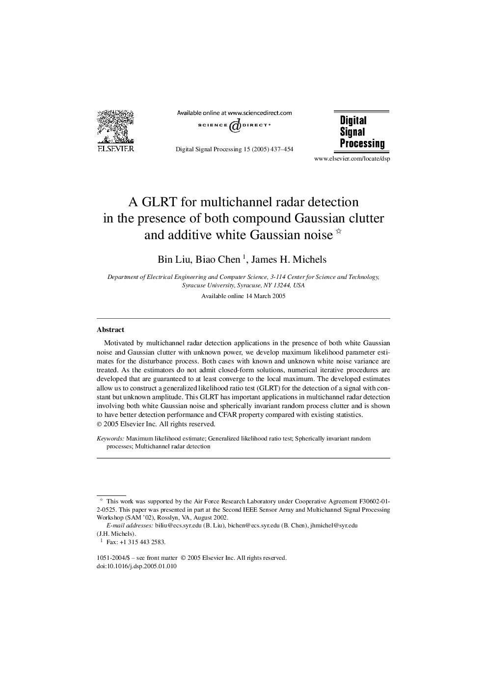 A GLRT for multichannel radar detection in the presence of both compound Gaussian clutter and additive white Gaussian noise