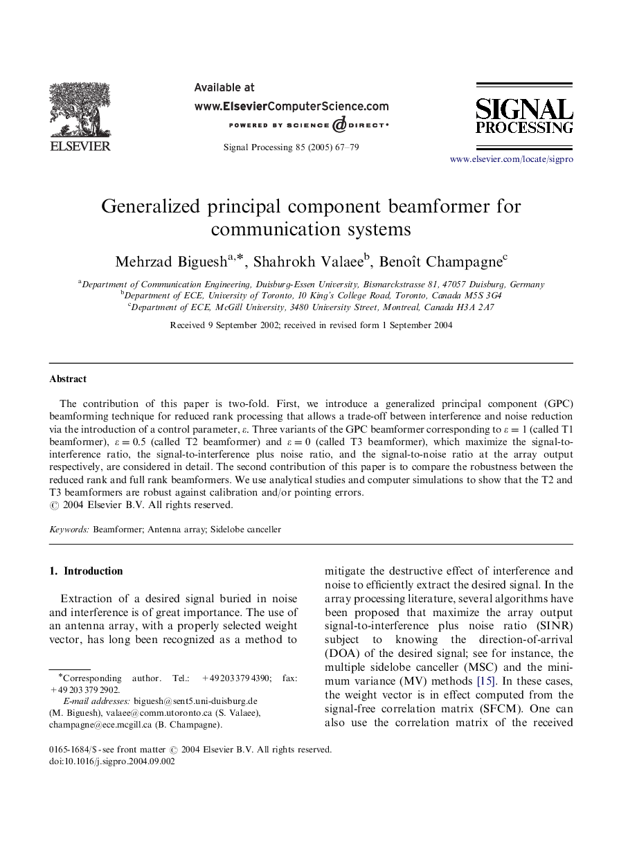 Generalized principal component beamformer for communication systems