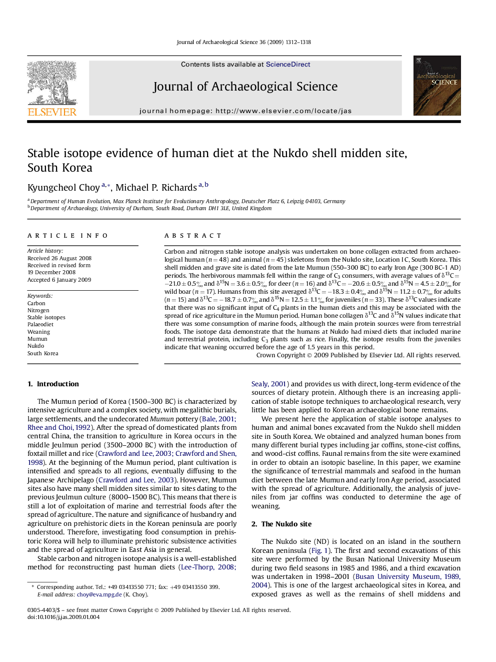 Stable isotope evidence of human diet at the Nukdo shell midden site, South Korea