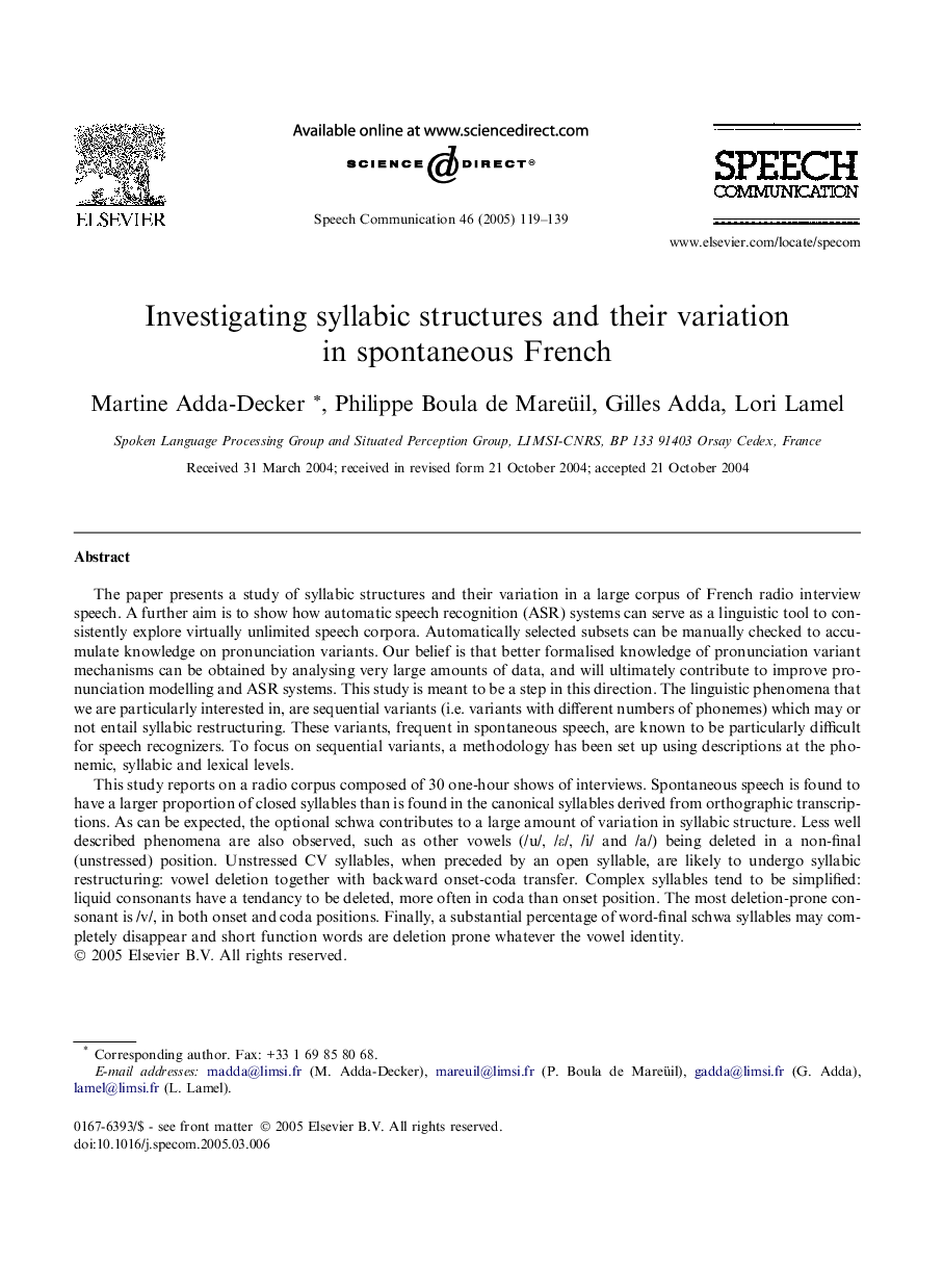 Investigating syllabic structures and their variation in spontaneous French