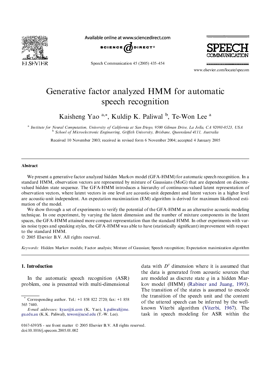 عکس صفحه اول مقاله: Generative factor analyzed HMM for automatic speech recognition Generative factor analyzed HMM for automatic speech recognition