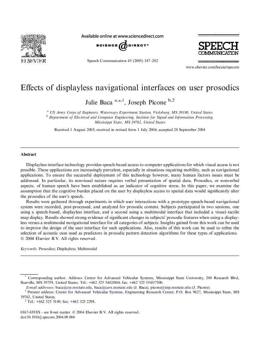 Effects of displayless navigational interfaces on user prosodics