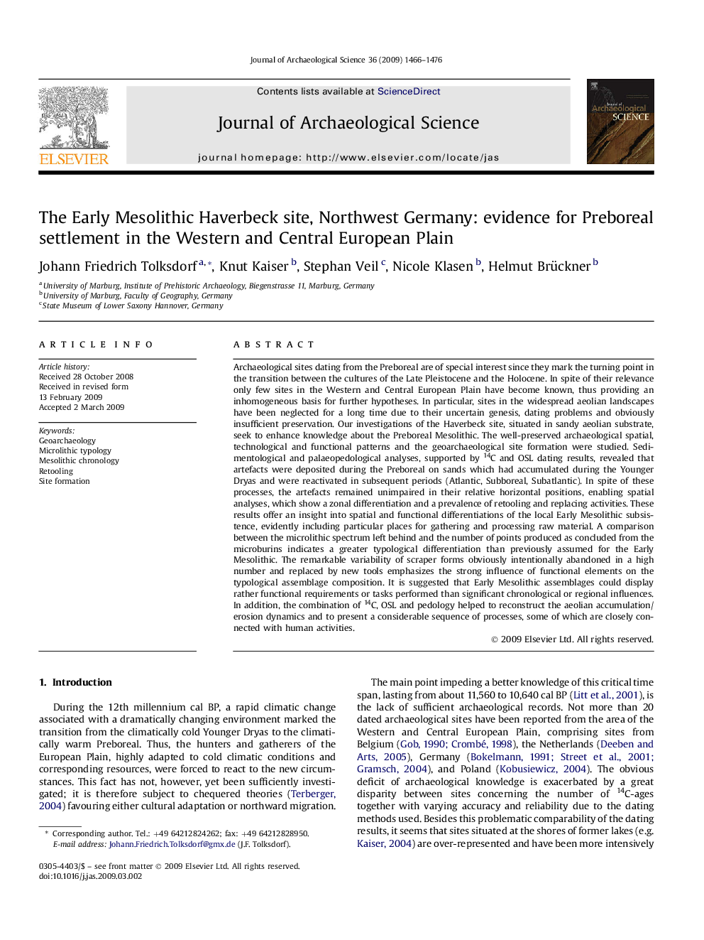 The Early Mesolithic Haverbeck site, Northwest Germany: evidence for Preboreal settlement in the Western and Central European Plain