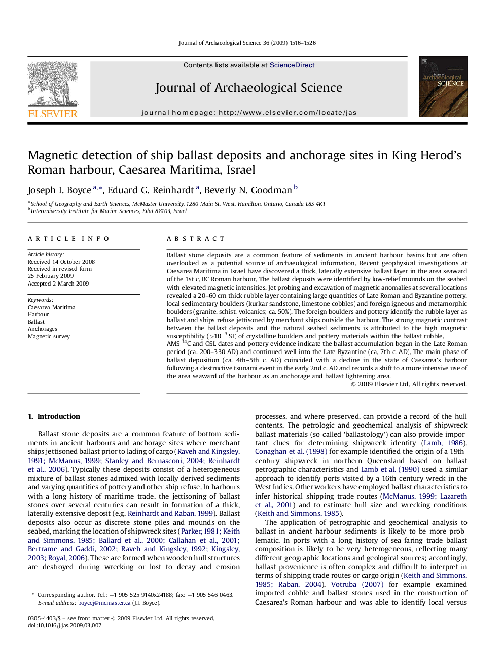 Magnetic detection of ship ballast deposits and anchorage sites in King Herod's Roman harbour, Caesarea Maritima, Israel