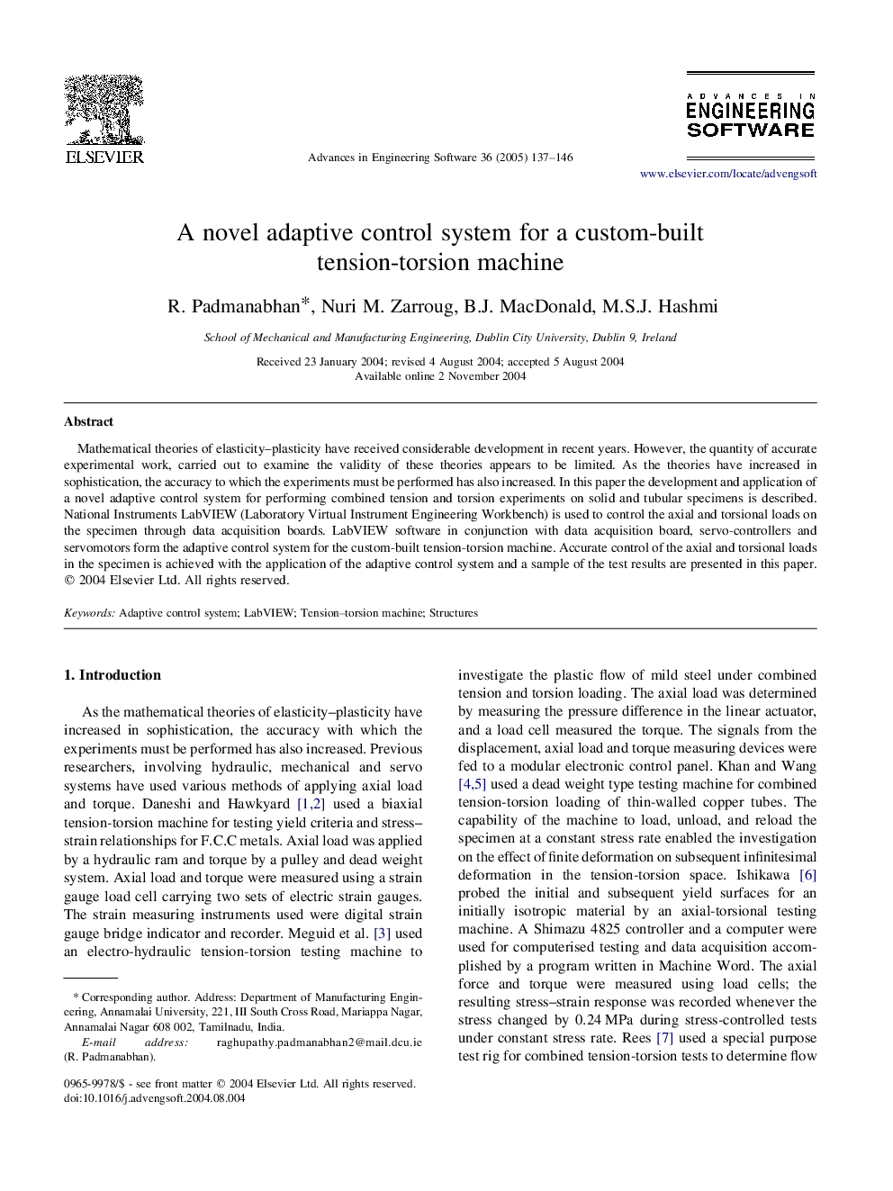 A novel adaptive control system for a custom-built tension-torsion machine