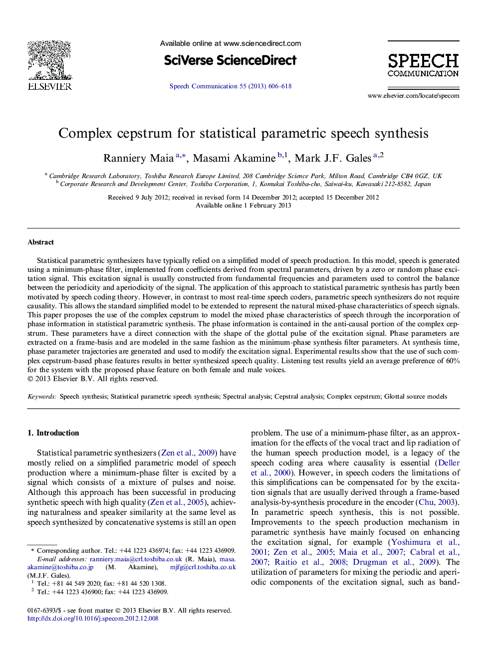 Complex cepstrum for statistical parametric speech synthesis