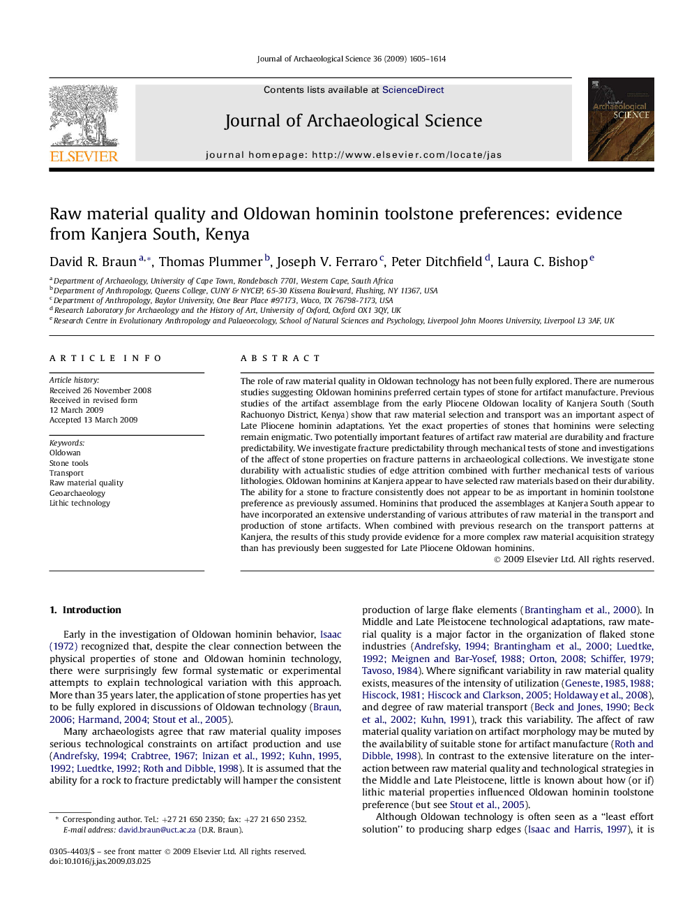 Raw material quality and Oldowan hominin toolstone preferences: evidence from Kanjera South, Kenya